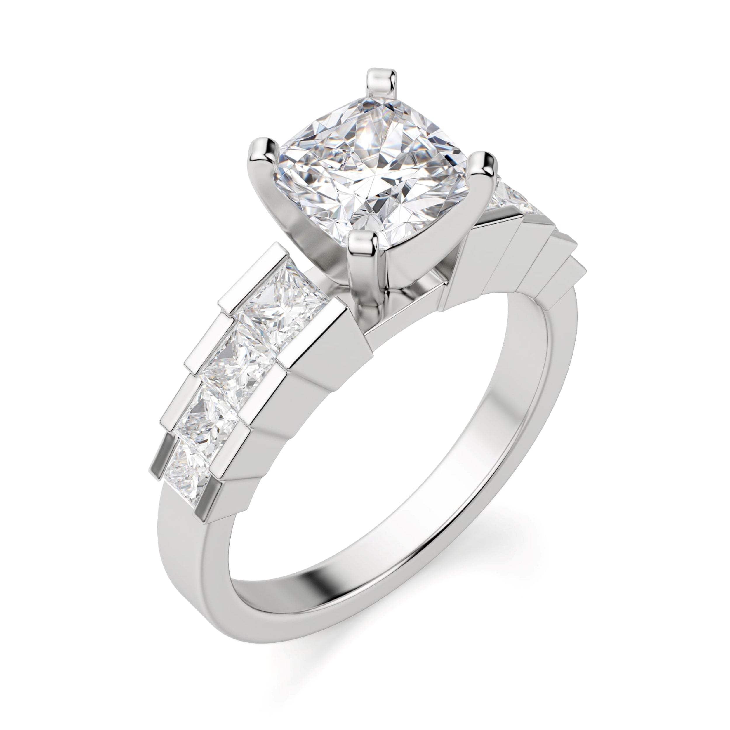 Cushion Cut Step Cut Pave Set Engagement Ring