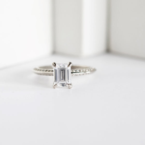 Emerald Cut Knife Edge Pave Set Engagement Ring