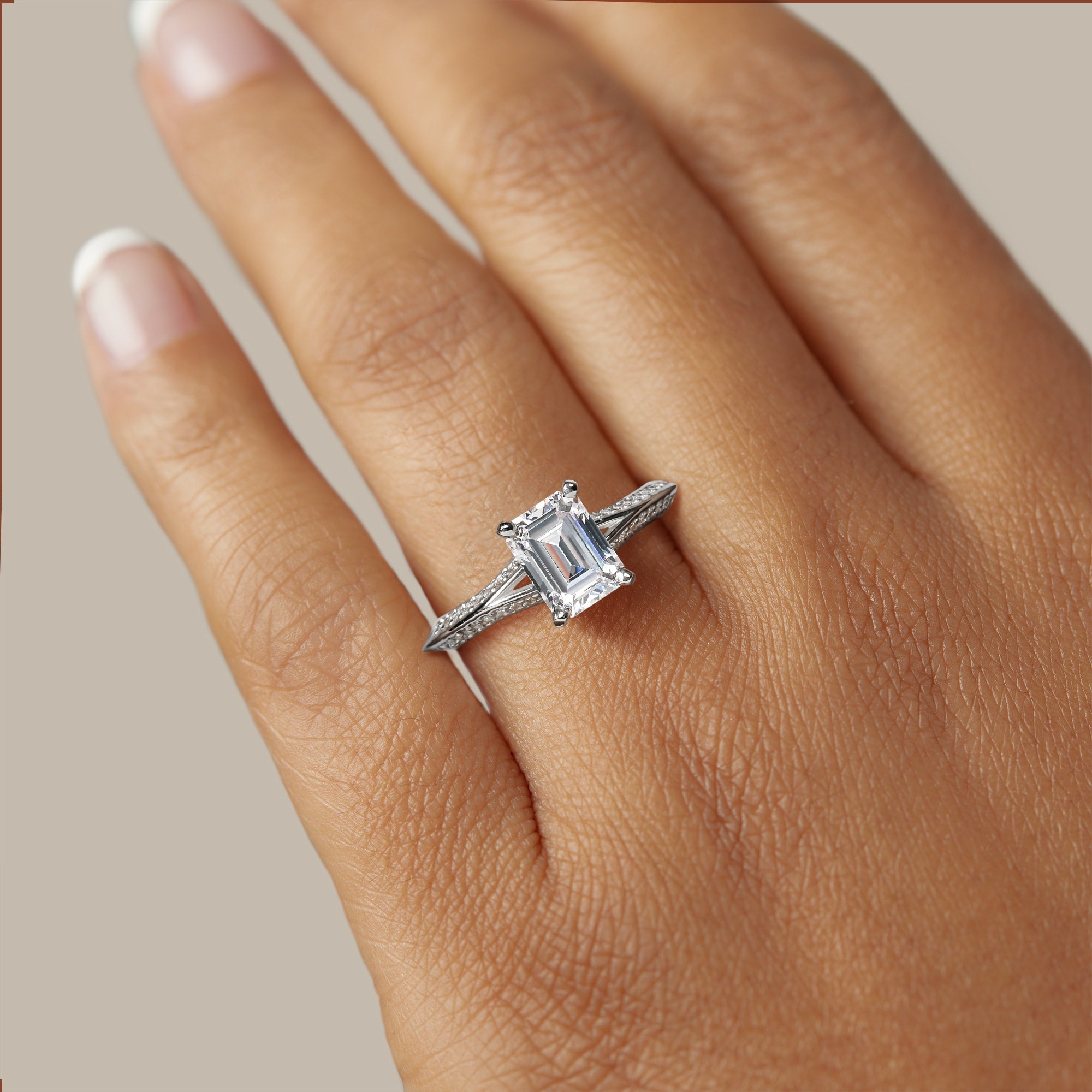 Emerald Cut Split Shank Pave Set Engagement Ring