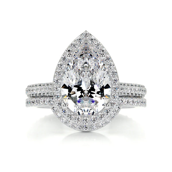 Moissanite Pear Cut Halo Ring Set