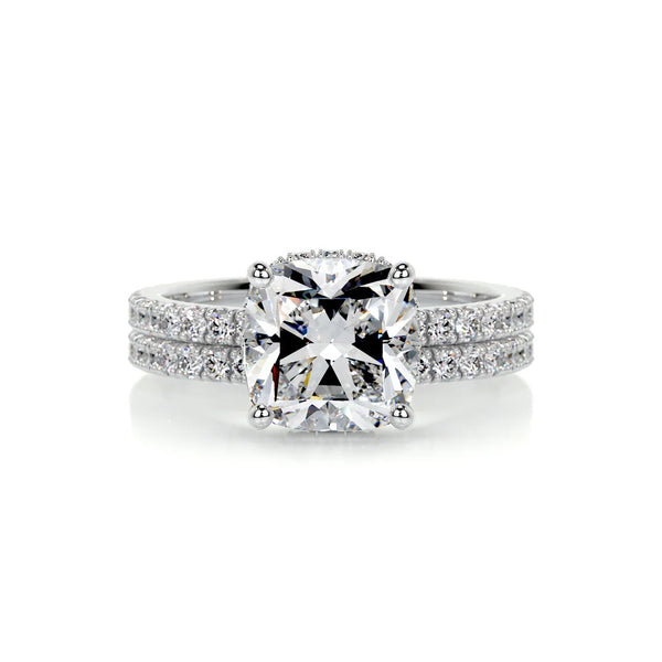 Cushion Cut Hidden Halo Moissanite Ring Set