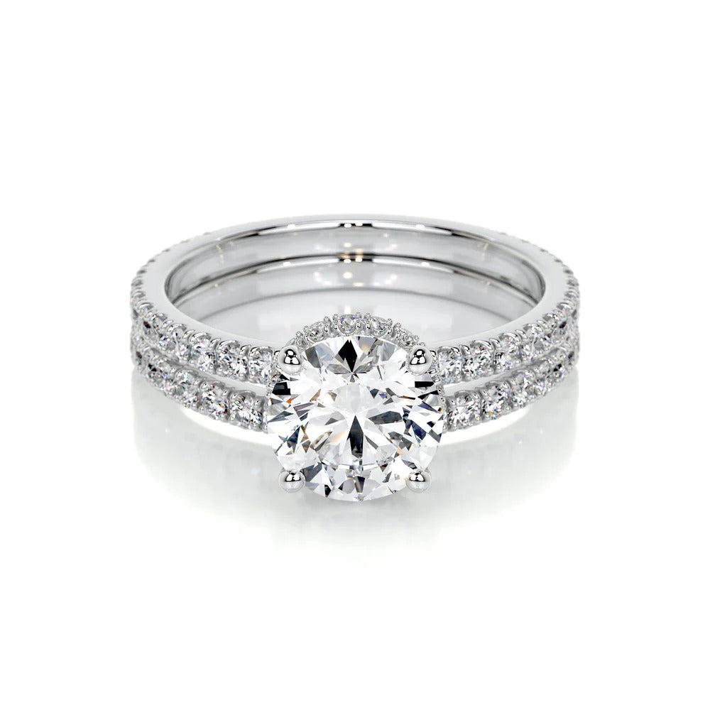 Moissanite Round Cut Hidden Halo Ring Set