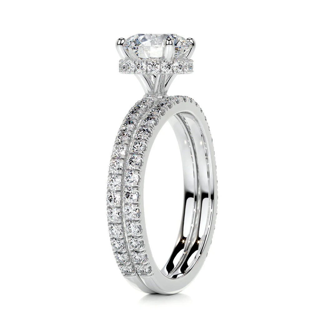 Round Cut Moissanite Diamond Hidden Halo Wedding Ring Set