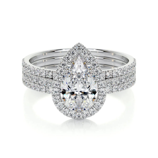 Pear Cut Moissanite Diamond Halo Ring Set