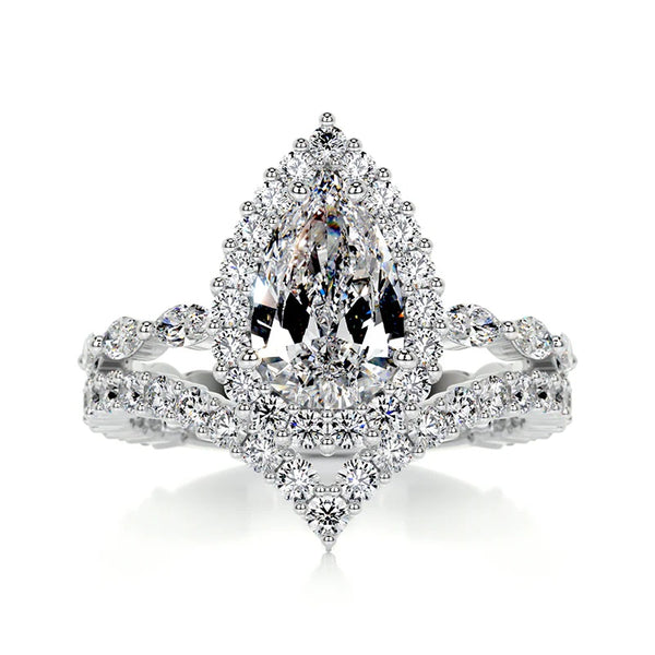 Pear Cut Halo Moissanite Bridal Ring Set for Her