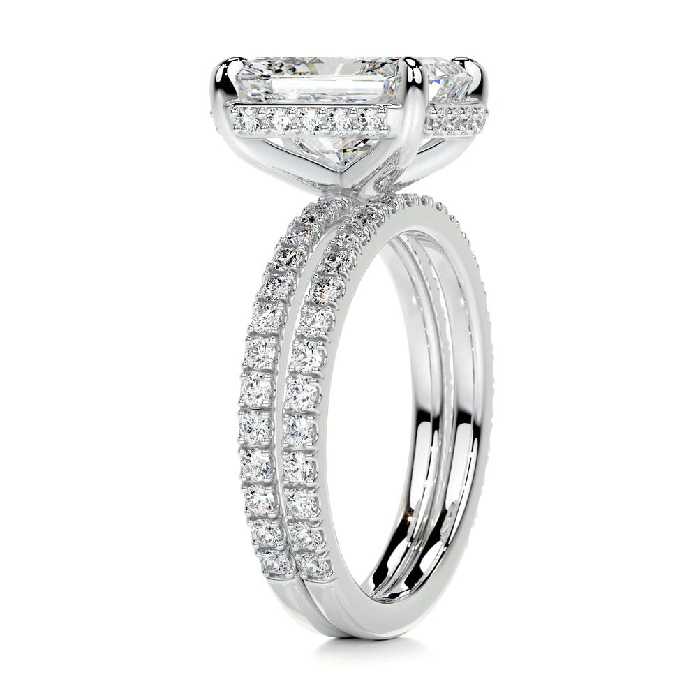 Moissanite Radiant Cut Hidden Halo Wedding Bridal Ring Set
