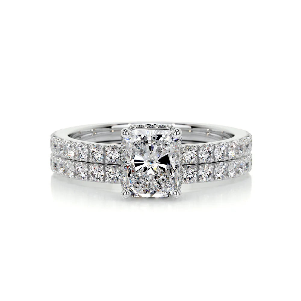Radiant Cut Hidden Halo Wedding Engagement Ring Set