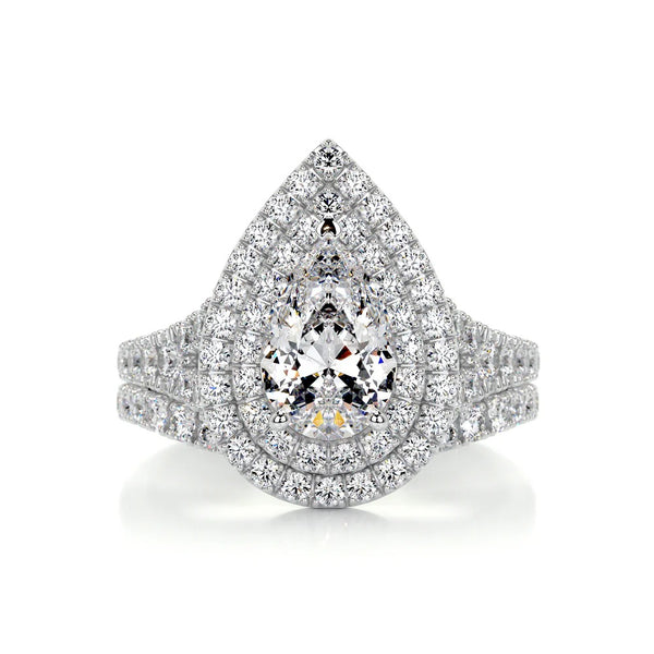 Pear Cut Moissnaite Diamond Double Halo Ring Set