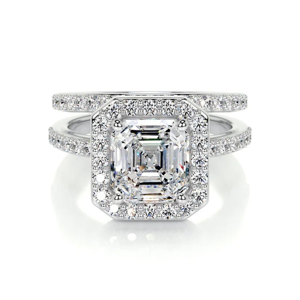 Asscher Cut Moissanite Diamond Halo Engagement Ring Set