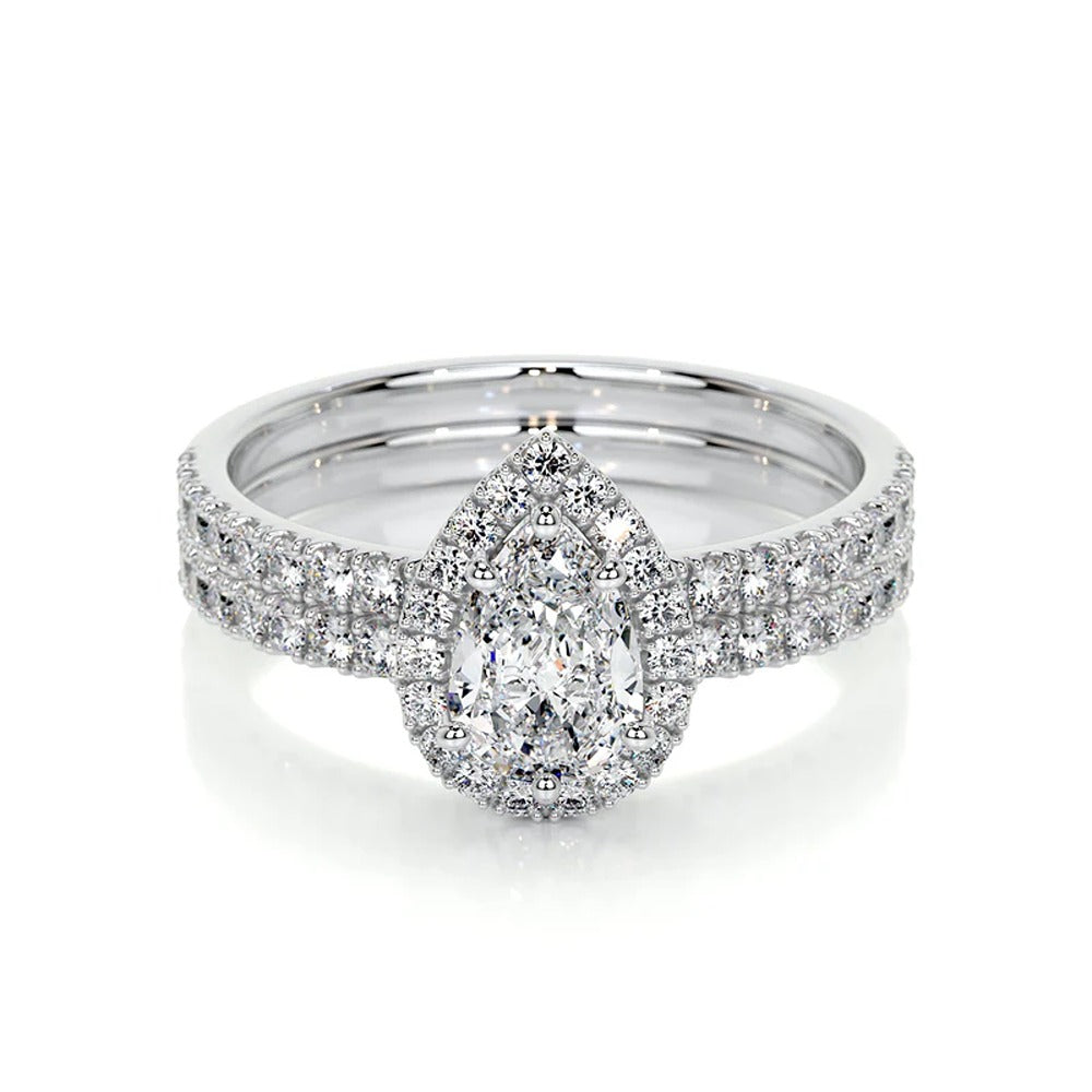 Pear Cut Halo Moissanite Bridal Ring Set