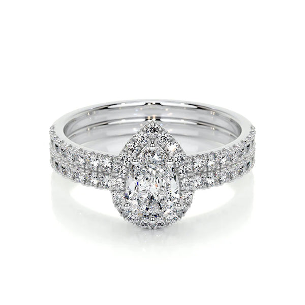 Pear Cut Halo Moissanite Bridal Ring Set