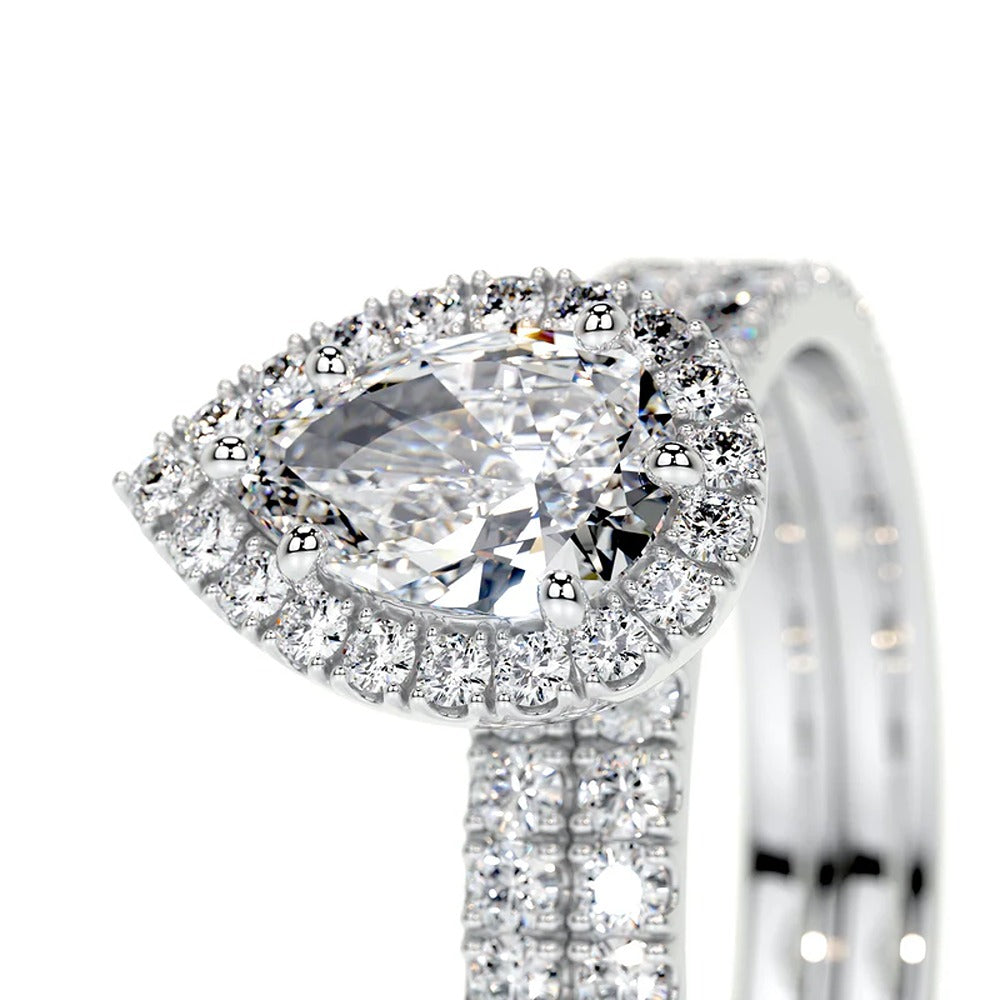 Pear Cut Halo Moissanite Bridal Ring Set