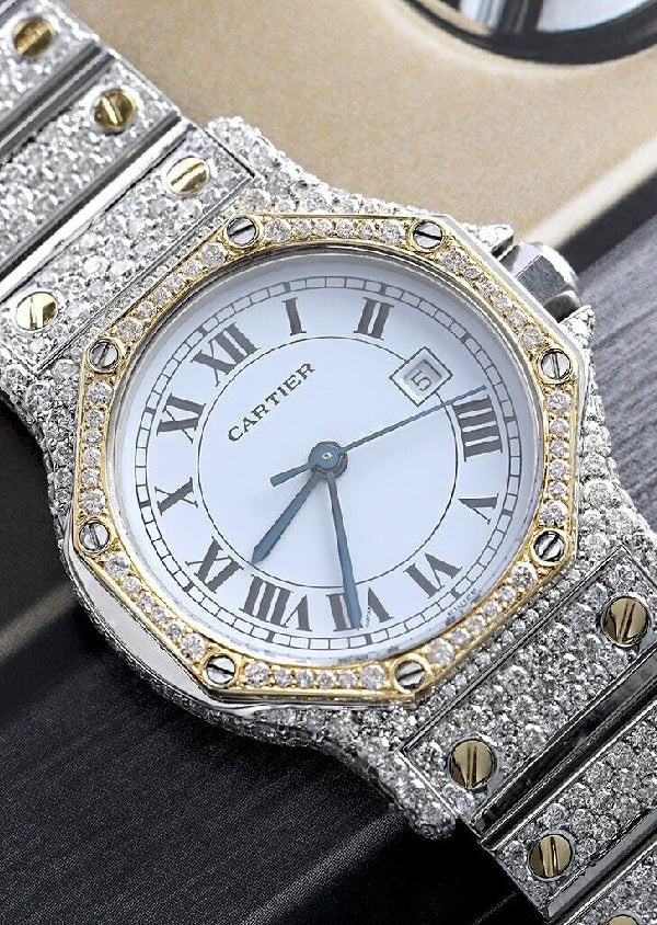 Dual Tone Iced Out Moissanite Diamond Cartier Men's Watch