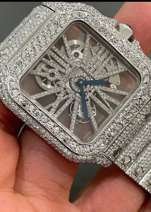 Cartier Skeleton Dial Iced Out Moissanite Diamond Watch