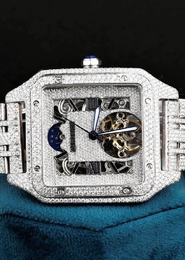 Iced Out Cartier Skeleton Moissanite Diamond Watch Hip Hop Jewelry