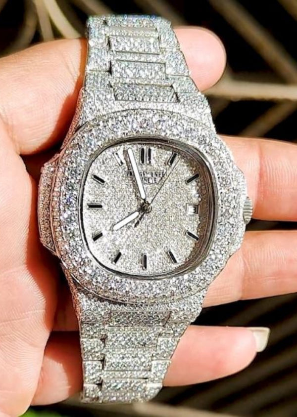 Luxury Mens / Womens Unisex Analog Iced Out Moissanite Diamond Wrist Watch, VVS Full Moissanite Diamond Fancy Gift Watch