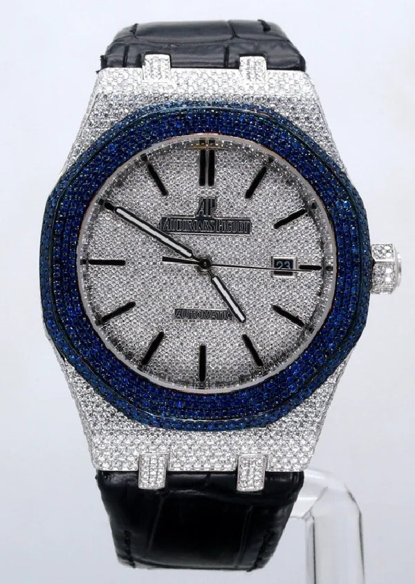 Moissanite Diamond Men's Party Wear Watch Black Leather Band Fancy Round Dial Full Diamond Watch For Him