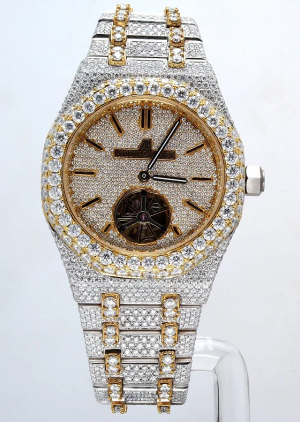 Custom Made Yellow Plated Fancy Round Dial Watch Iced Out Moissanite Diamond Wrist Watch