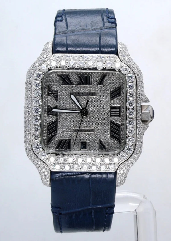 Custom Made Watch Blue Leather Band Fancy Square Dial Moissanite Diamond Cartier Watch