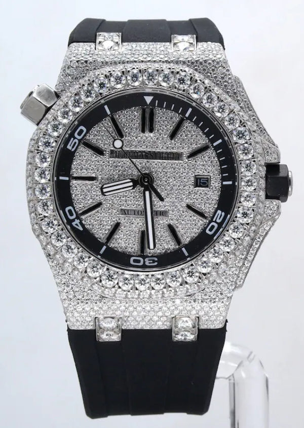 Unique Full Diamond Round Dial Men's Wrist Watch, Fancy Black Silicone Band Watch For Him