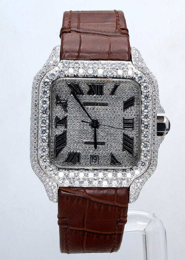Custom Made Watch Brown Leather Band Fancy Square Dial Moissanite Diamond Cartier Watch