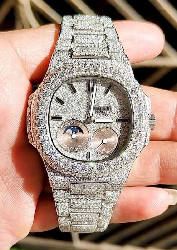 Hip Hop Iced Out VVS Moissanite Diamond Chronograph Dial Mens Wrist Watch