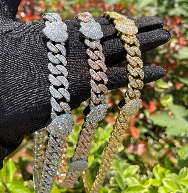 Iced Out Moissanite Sterling Silver Heart Hip Hop Cuban Chain Necklace