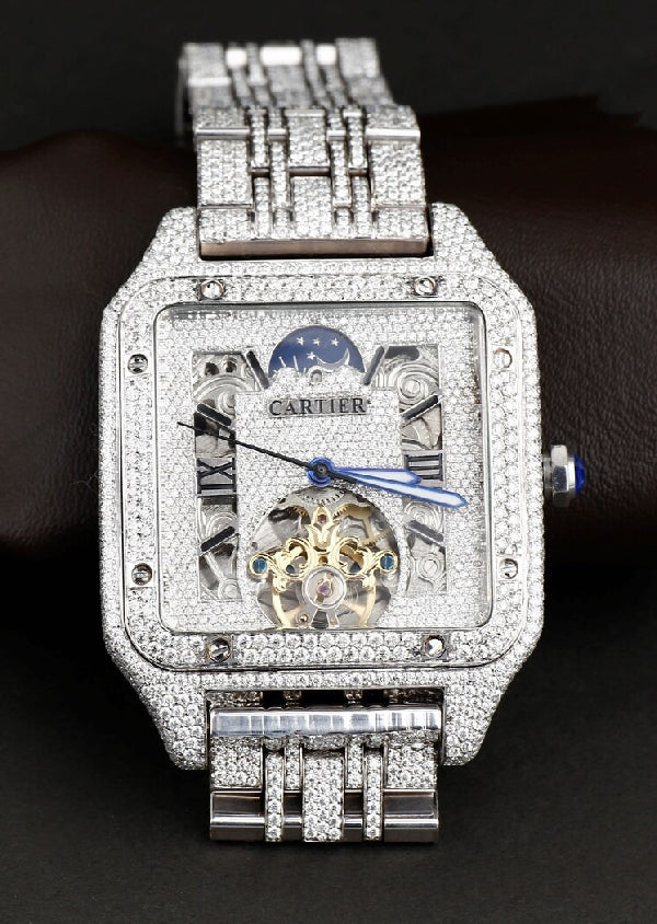 Iced Out Cartier Skeleton Moissanite Diamond Watch Hip Hop Jewelry