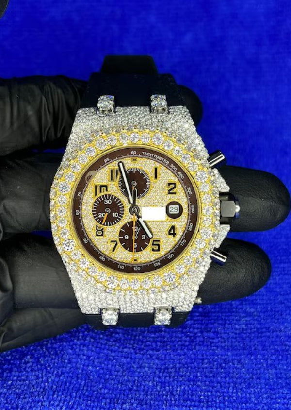 Handcrafted Moissanite Diamond AP Leather Belt Men's Watches