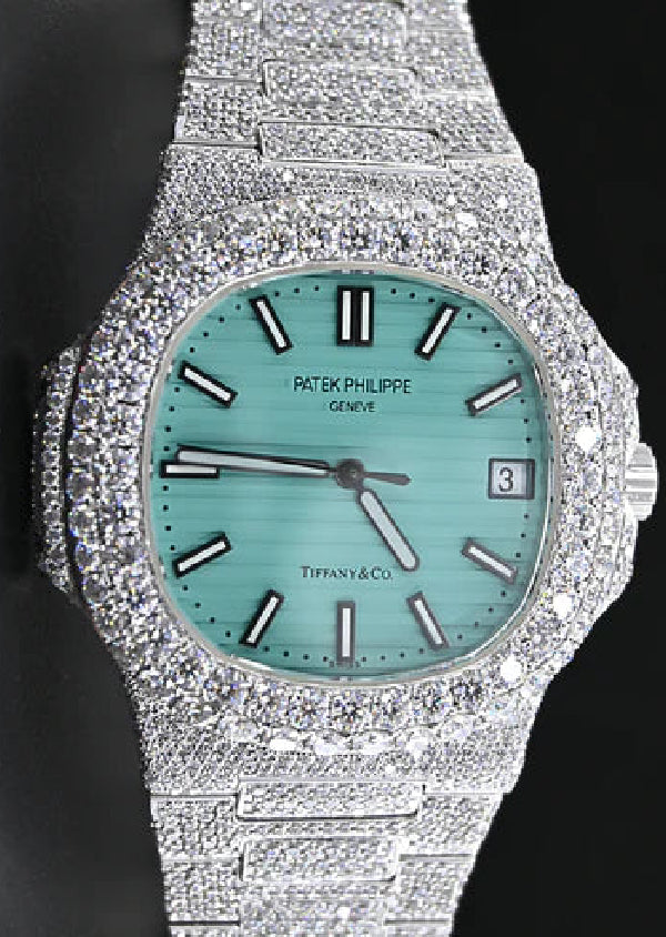 Blue Dial Patek Iced Out Moissanite Hip Hop Luxury Watches