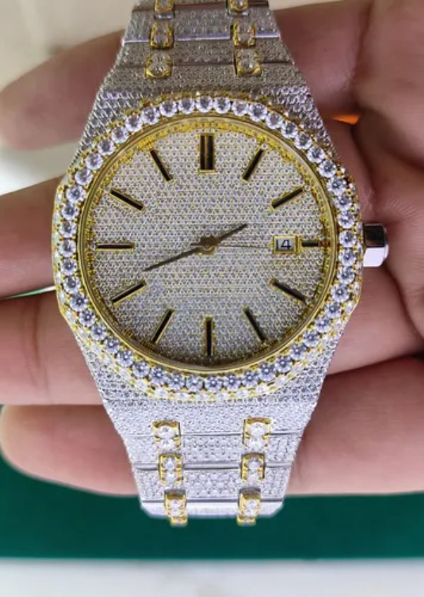 Dual Tone Iced Out Moissanite Diamond Luxury Watch for Him