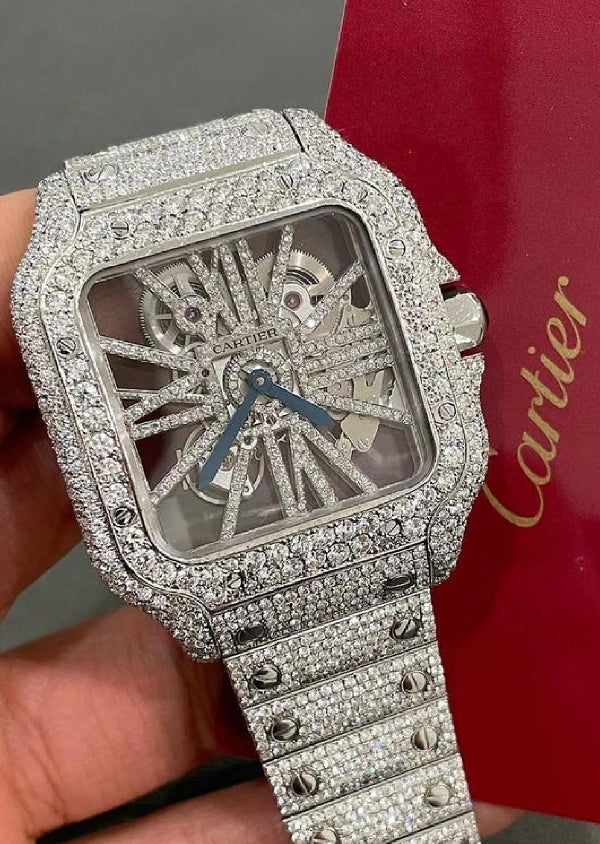 Cartier Skeleton Dial Iced Out Moissanite Diamond Watch