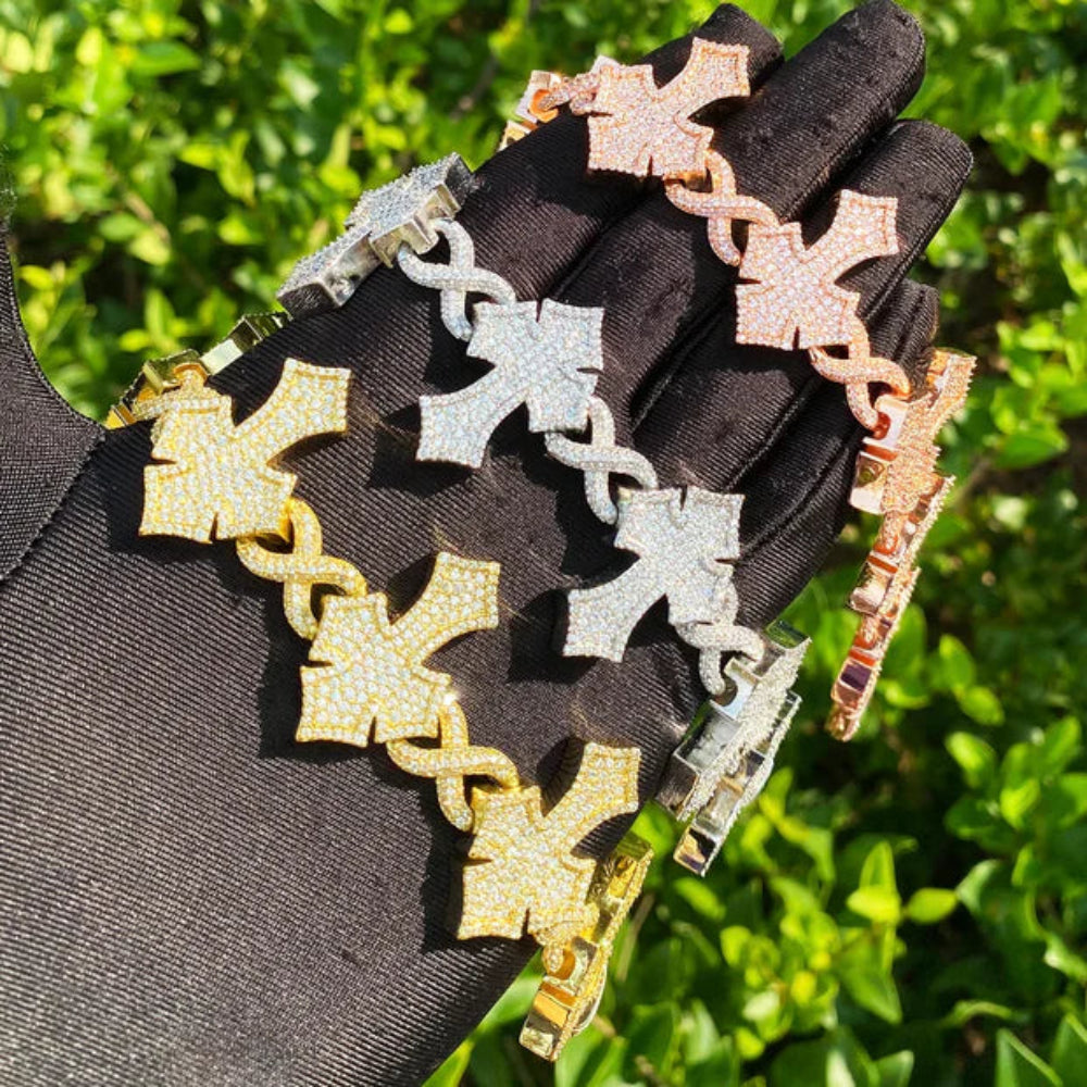 Men's Wear Round Cut Moissanite Cross Infinity Link  Hip Hop Bracelet