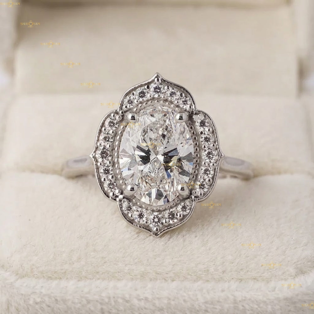 Lab Grown Diamond 2 Oval Cut Vintage Halo Engagement Ring