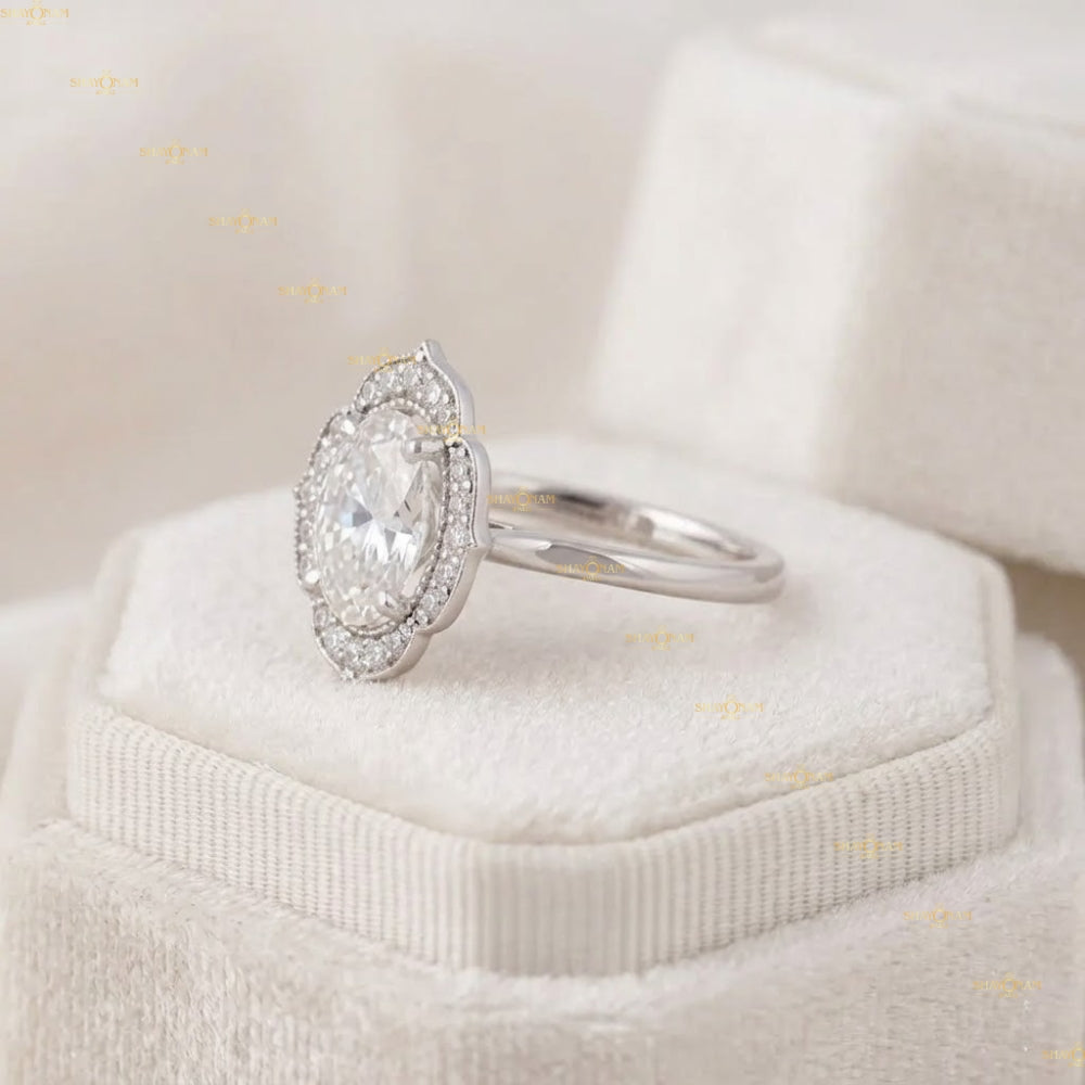 Lab Grown Diamond 2 Oval Cut Vintage Halo Engagement Ring