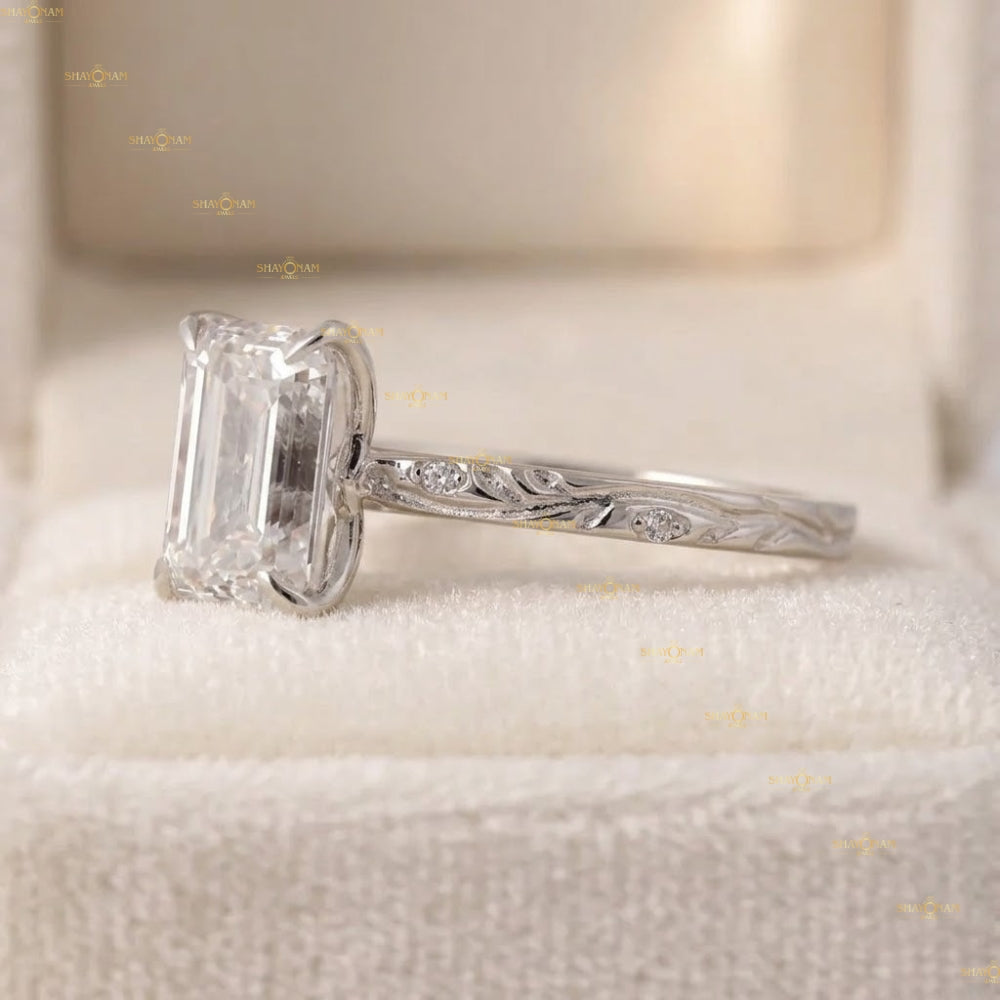 Emerald Cut Lab Grown Diamond Art Deco Engagement Ring