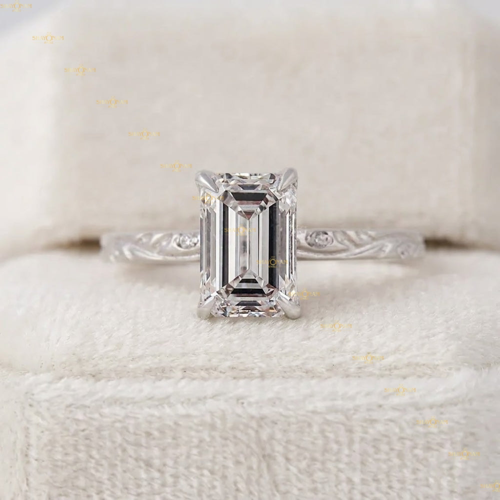 Emerald Cut Lab Grown Diamond Art Deco Engagement Ring