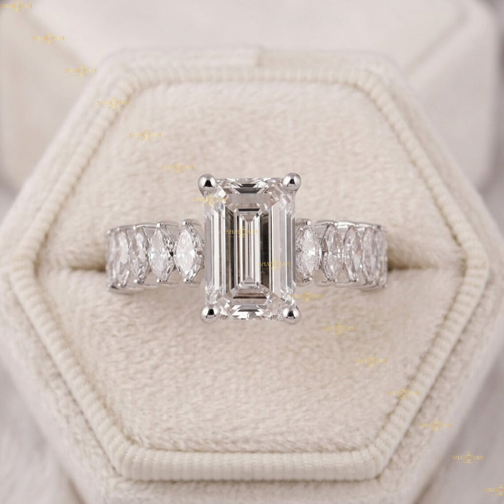 Lab Grown Diamond Emerald Cut With Marquise Cut Side Accent Ring