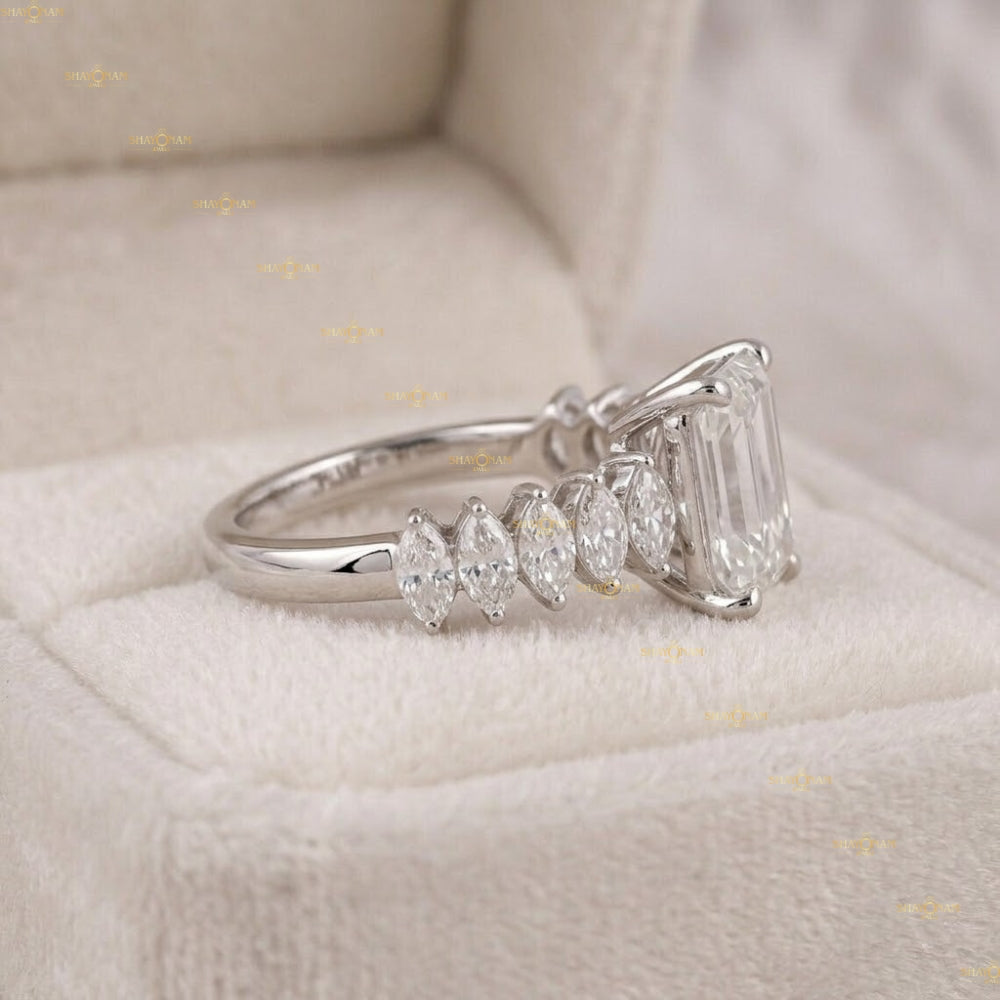 Lab Grown Diamond Emerald Cut With Marquise Cut Side Accent Ring