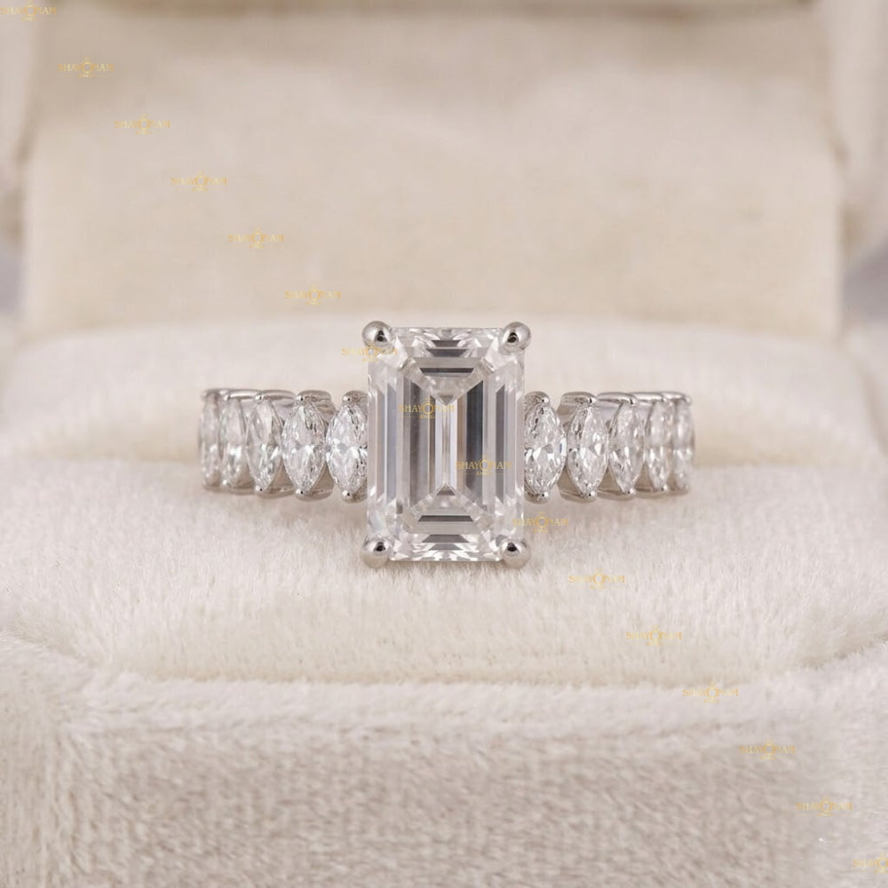 Lab Grown Diamond Emerald Cut With Marquise Cut Side Accent Ring