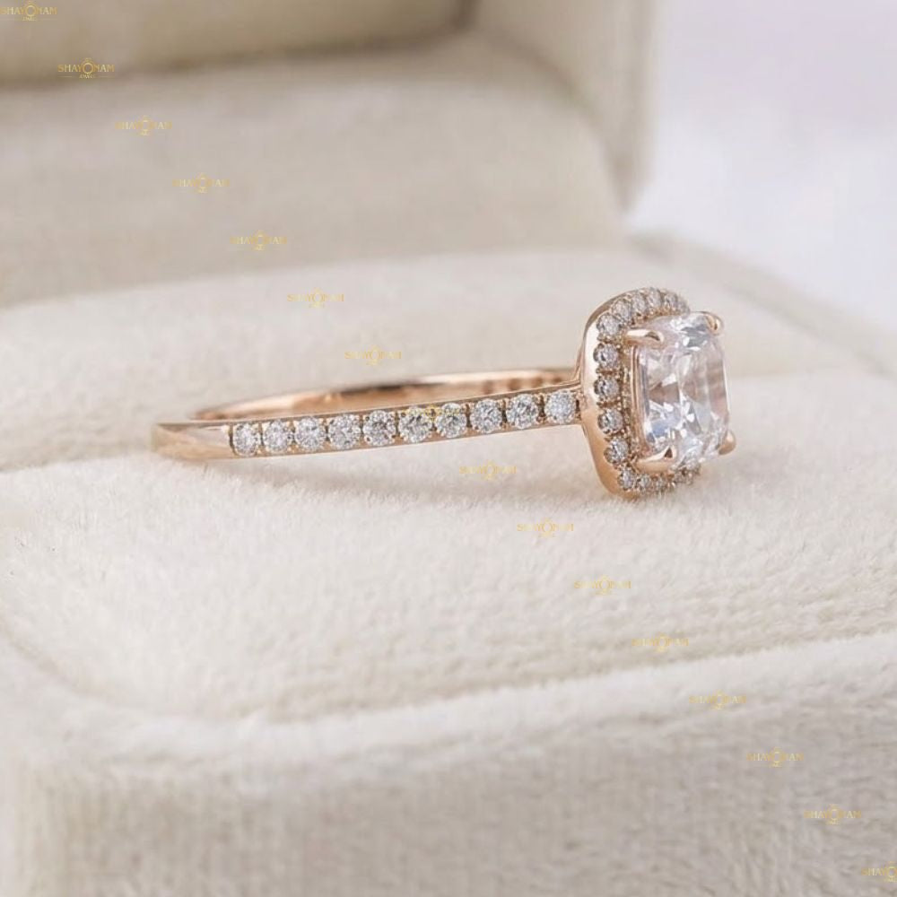 Asscher Cut Lab Grown Diamond Halo Engagement Ring in 14K Rose Gold