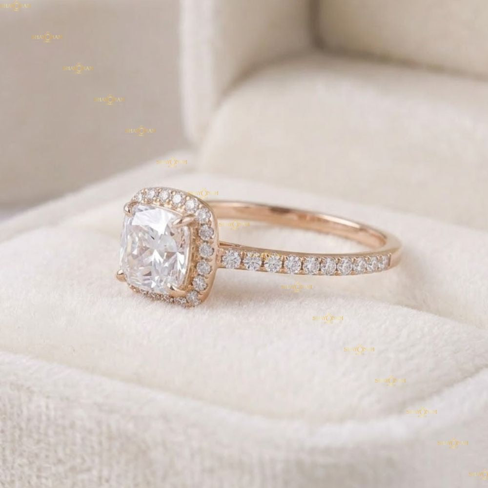Asscher Cut Lab Grown Diamond Halo Engagement Ring in 14K Rose Gold