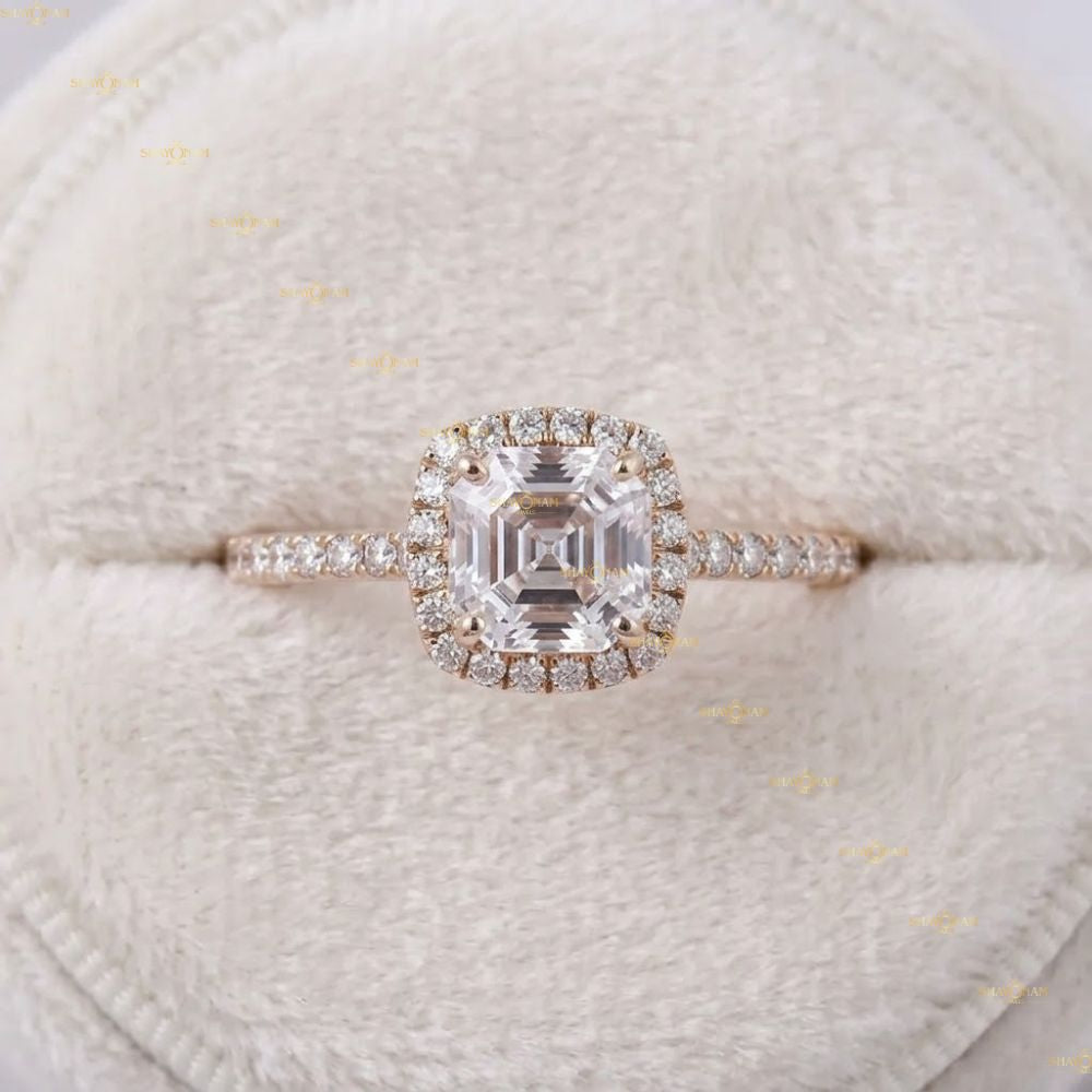 Asscher Cut Lab Grown Diamond Halo Engagement Ring in 14K Rose Gold