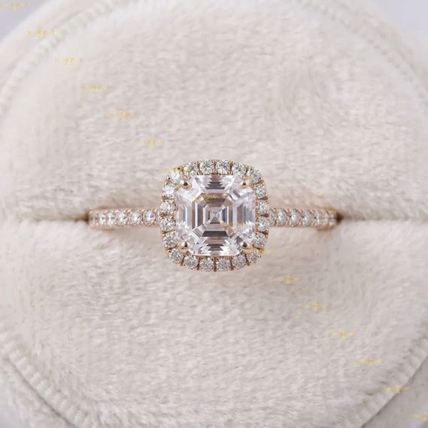 Asscher Cut Lab Grown Diamond Halo Engagement Ring in 14K Rose Gold