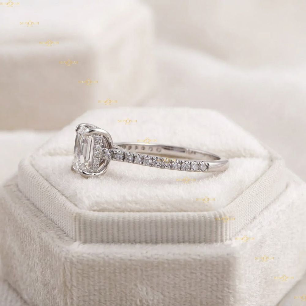 Lab Grown Diamond IGI Certified 2 CT Emerald Cut Hidden Halo RIng