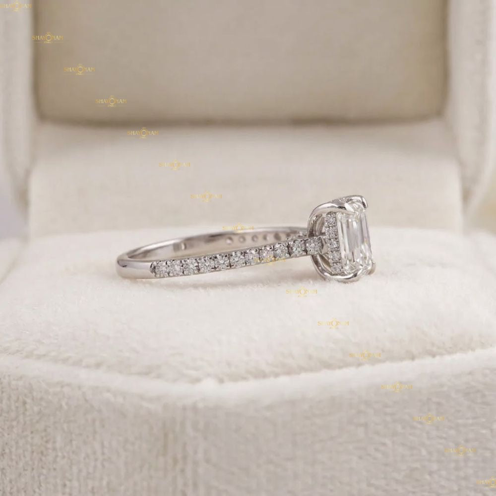 Lab Grown Diamond IGI Certified 2 CT Emerald Cut Hidden Halo RIng