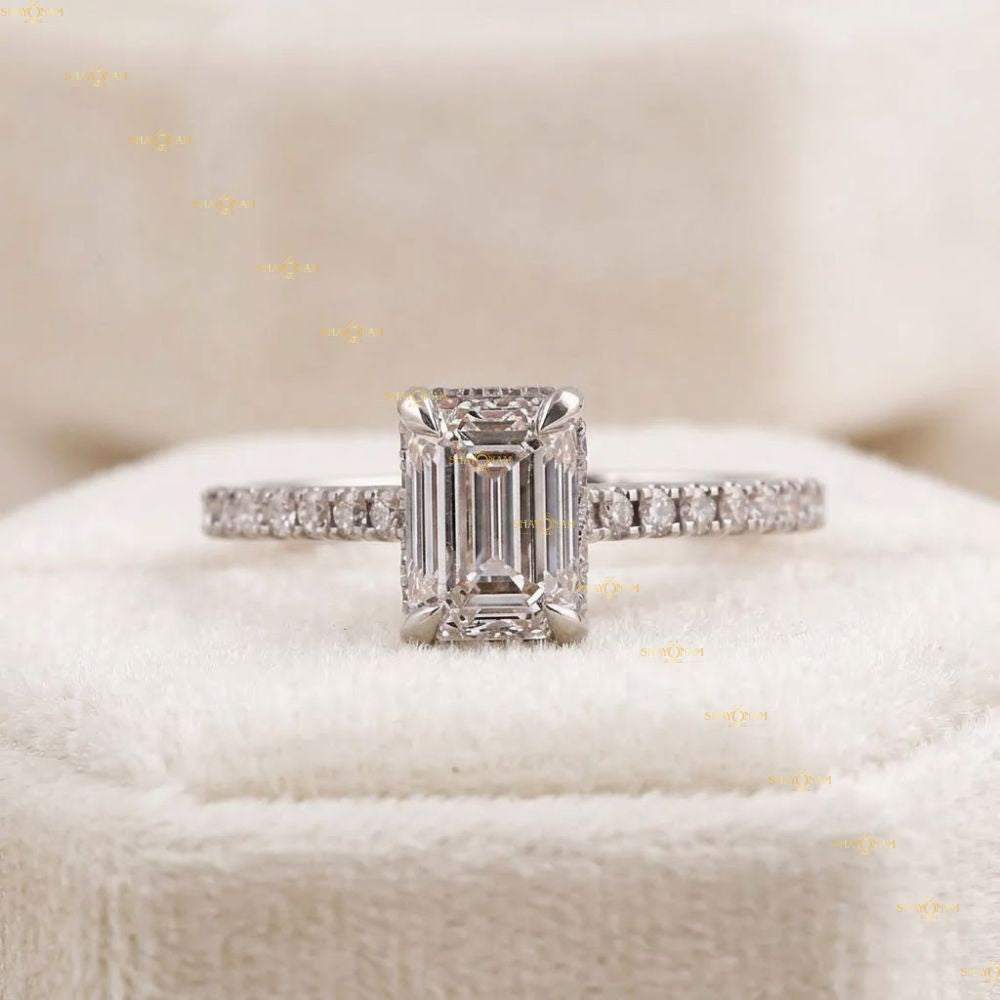 Lab Grown Diamond IGI Certified 2 CT Emerald Cut Hidden Halo RIng