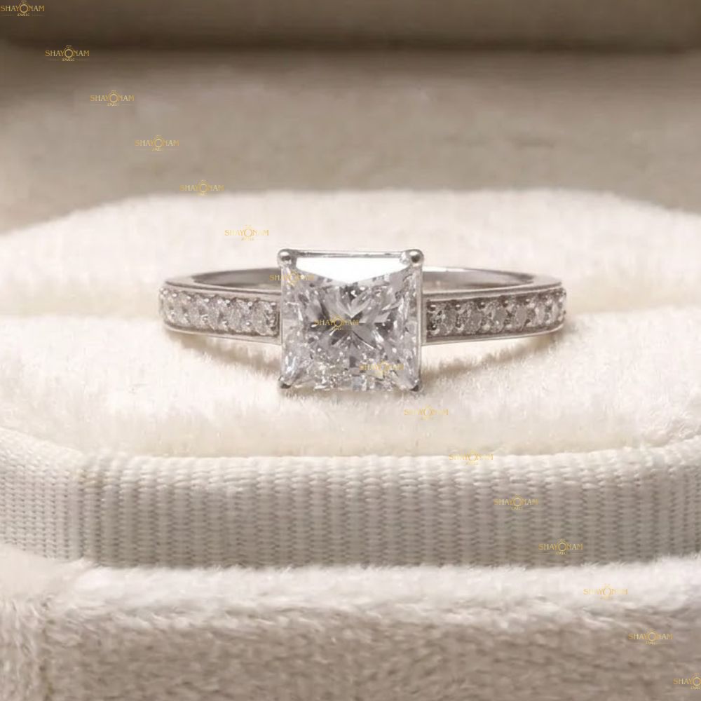 VVS1 Lab Grown Diamond Princess Cut Pave Set Engagement Ring