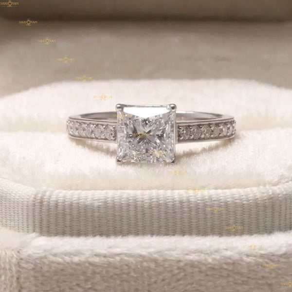 VVS1 Lab Grown Diamond Princess Cut Pave Set Engagement Ring
