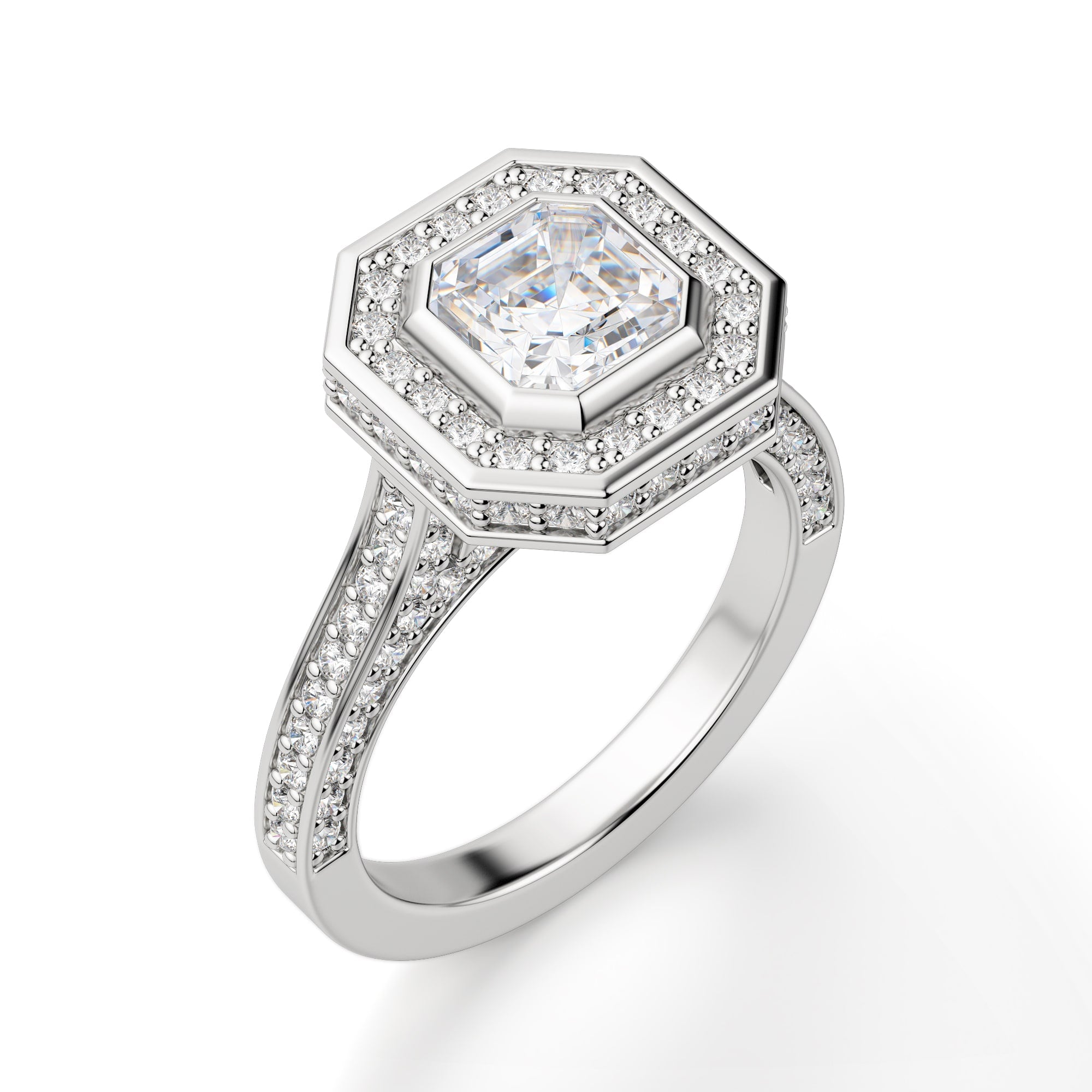 Bezel Set Asscher Cut Halo Vintage Moissanite Ring